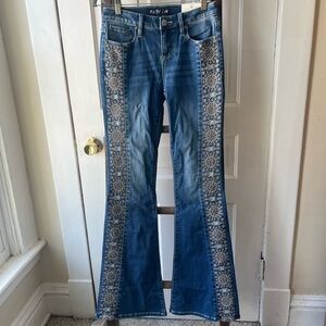 Miss Me Mid-Rise Flare Jeans with Floral Embroidery